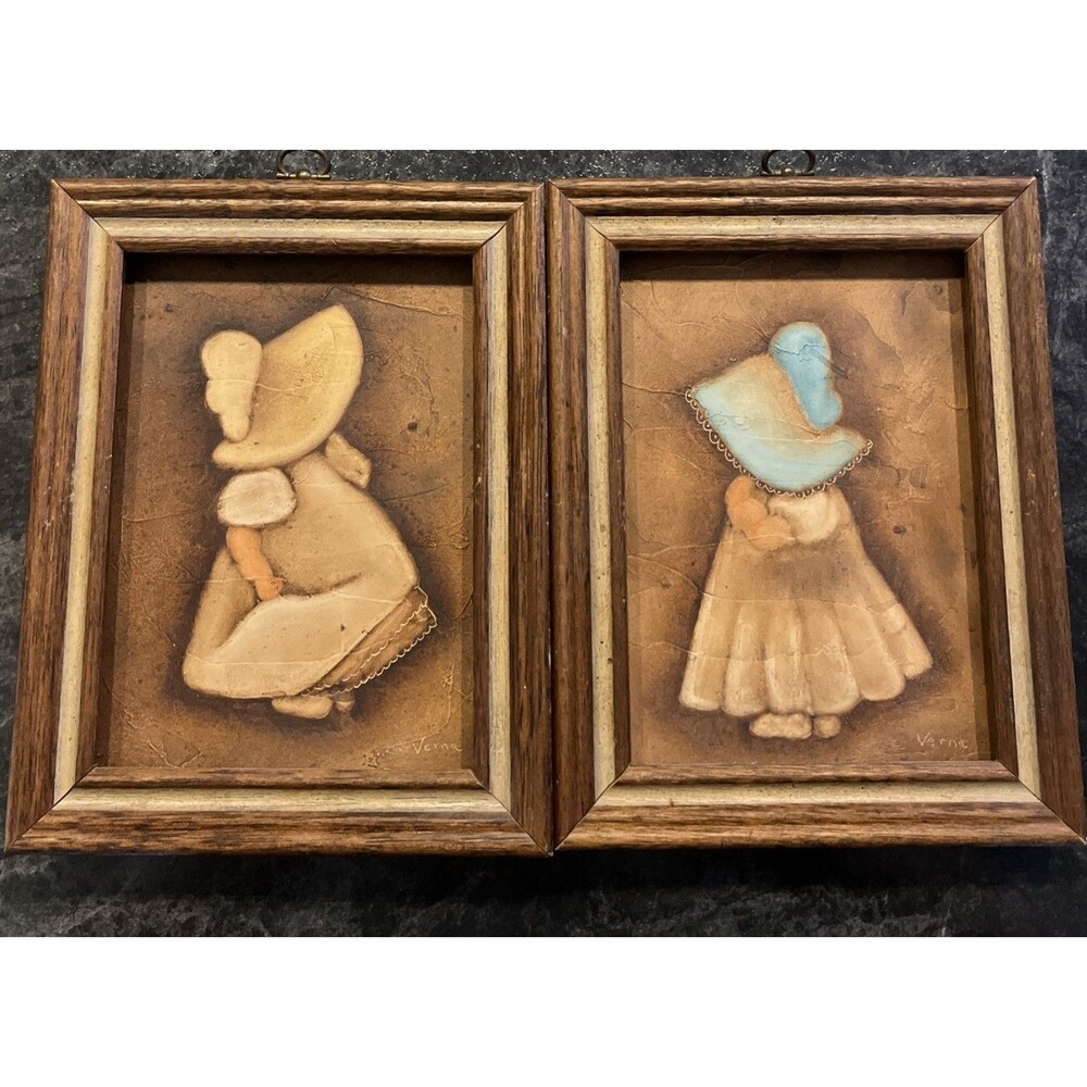 VNTG 1970’s Sunbonnet Sue / Prairie Girl sBy Verna Set of 2 - Framed Pictures